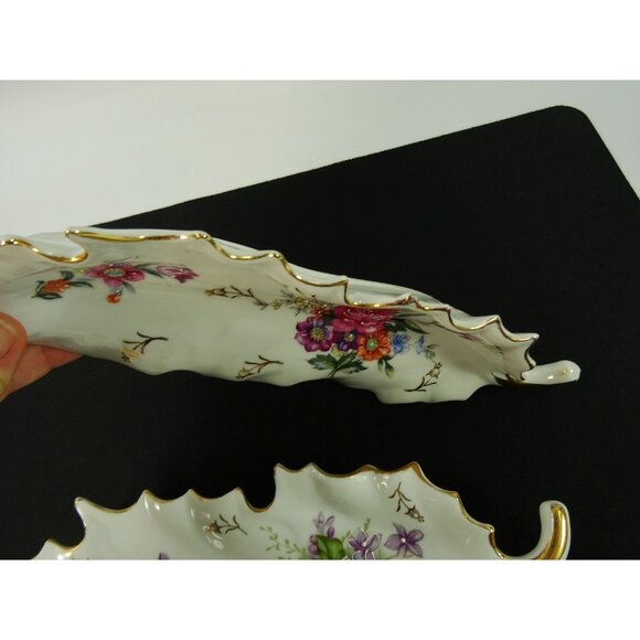 Vintage Dresden Style Leaf Dish Lot of 2 Hand Painted Floral Flowers Gold Trim - Picture 12 of 16